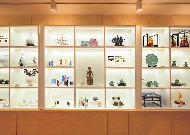 Items from MU:DS, the National Museum of Korea’s design brand, are displayed on shelves. (National Museum Foundation of Korea)