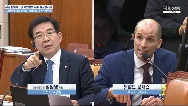 ▲기재위 소속 정일영 민주당 의원이 30일 열린 쿠팡 연석청문회에서 해롤드 로저스 쿠팡 대표이사에게 질문하자, 로저스 대표가 발끈하고 있다.