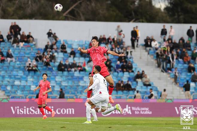 지난해 11월 요르단과의 2026 FIFA 북중미 월드컵 아시아 3차 예선 팔레스타인전 당시 오세훈. /사진=대한축구협회 제공