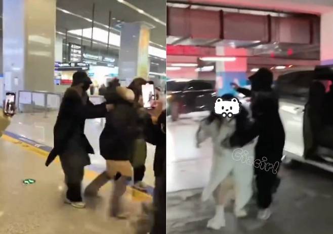 자신을 따라온 팬들에게 물리적 폭력을 가하고 있는 중국 아이돌 멤버 링차오 [상하이데일리 제공]