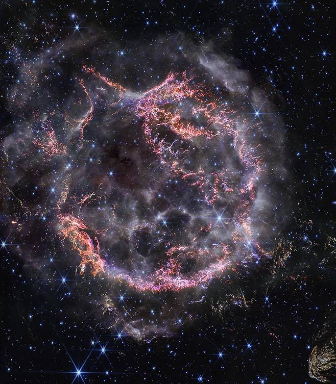카시오페아A 중심부. NASA, ESA, CSA, STScI, 대니 밀리사블제비치(퍼듀 대학교), 일세 드 루즈(겐트 대학교), 티 테밈(프린스턴 대학교)