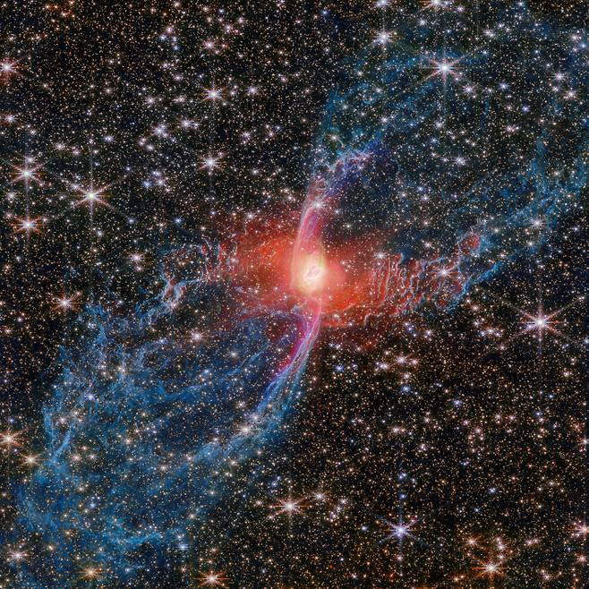 붉은 거미 성운(NGC 6537)의 모습. ESA/WEBB, NASA 및 CSA, J. H. 캐스트너(로체스터 공과대학교)