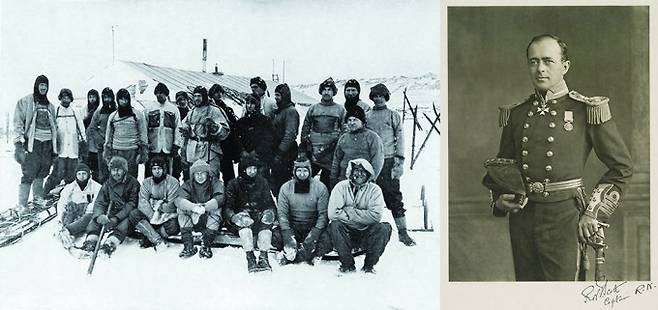 (왼쪽부터) 1911년 겨울, 케이프 에번스 기지의 스콧 탐험대, 1905년의 로버트 스콧 탐험 대장. Herbert Pointing, Henry Maull 제공&nbsp;