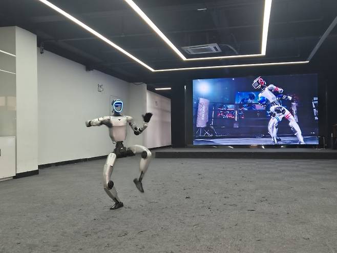 또 다른 유니트리 휴머노이드 로봇이 돌려차기 등 큰 움직임으로 퍼포먼스를 펼치고 있다.