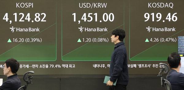 지난달 26일 오전 서울 중구 하나은행 본점 딜링룸 현황판에 코스피가 표시돼 있다. 이날 오전 9시 3분 현재 코스피는 전장보다 22.19포인트(0.54%) 오른 4,130.81에 거래되고 있다. 연합뉴스