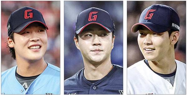 왼쪽부터 롯데 자이언츠 투수 이민석, 윤성빈, 홍민기.  롯데 자이언츠 제공
