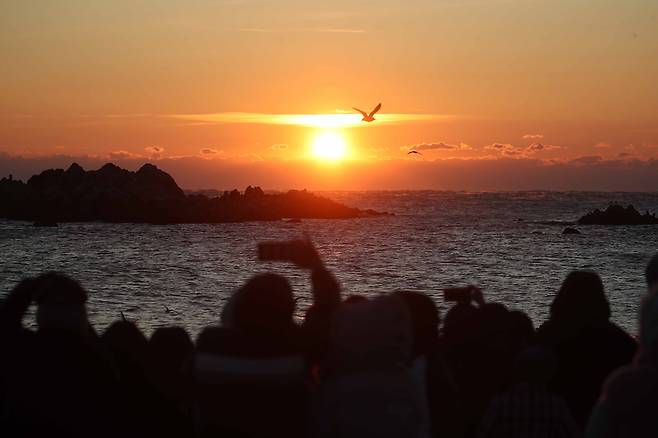 Sunrise visitors watch the first sun of the year, rising over the sea off Tomb of King Munmu in Gyeongju, North Gyeongsang Province on Thursday. (Yonhap)