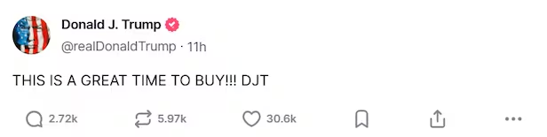 트럼프 대통령은 4월 9일 관세 유예 발표 전 주식 매수를 권하는 SNS를 게시했다.