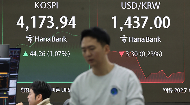 지난 2025년 12월 29일 오전 서울 중구 하나은행 본점 딜링룸 현황판 [연합뉴스]