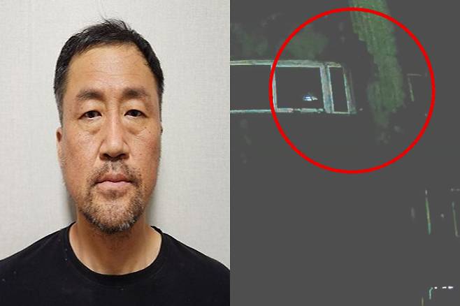윤정우 머그샷. 오른쪽은 지난해 6월10일 새벽 대구 달서구 한 아파트 가스 배관을 타고 피해자 집에 침입하는 윤정우 모습.&nbsp;대구경찰청 제공·MBN 보도화면 캡처
