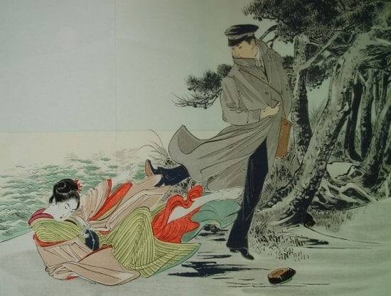 일본 소설 '금색야차'의 삽화. 다리를 붙잡는 여주인공 미야를 남주인공 간이치가 걷어 차는 장면.