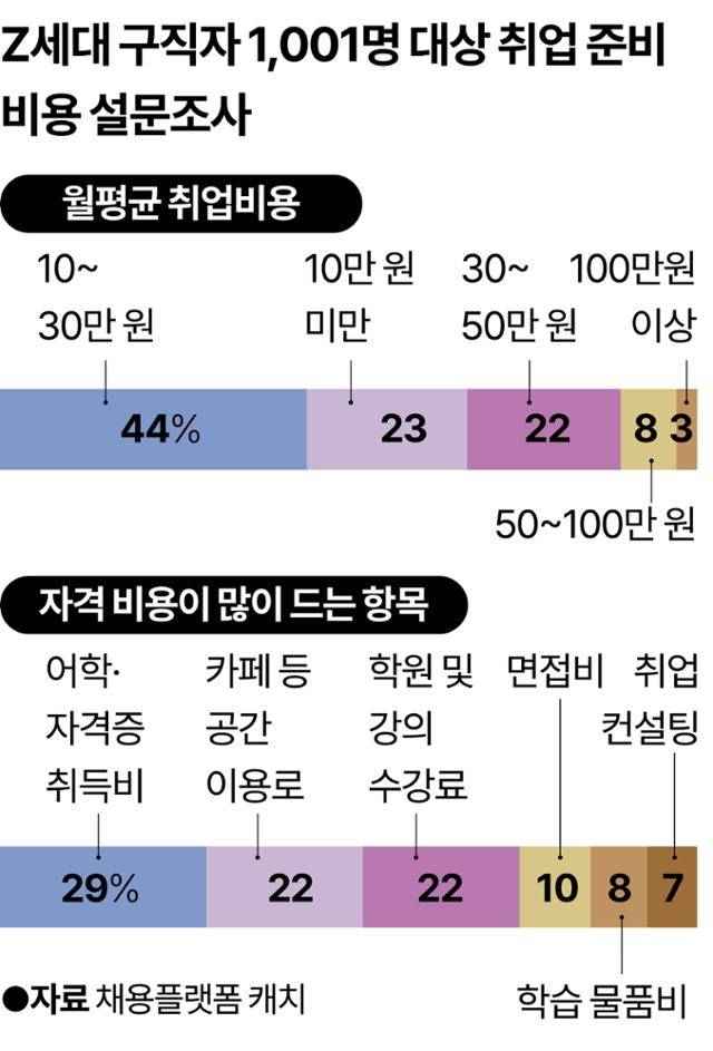 Z세대 구직자 1,001명 대상 취업 준비 비용 설문조사. 그래픽=강준구 기자