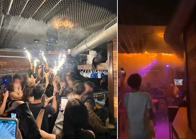(왼쪽) 샴페인 병에 꽂은 폭죽 불꽃이 스위스 크랑스-몽타나의 한 나이트클럽 천장 마감재로 옮겨붙는 순간을 담은 사진. (오른쪽) 밀폐된 지하 공간에서 극심한 열로 내부 가연물이 거의 동시에 점화되는 ‘플래시오버’ 현상이 발생한 당시 모습. 이 화재로 다수의 인명 피해가 발생했다. [유튜브 캡처]