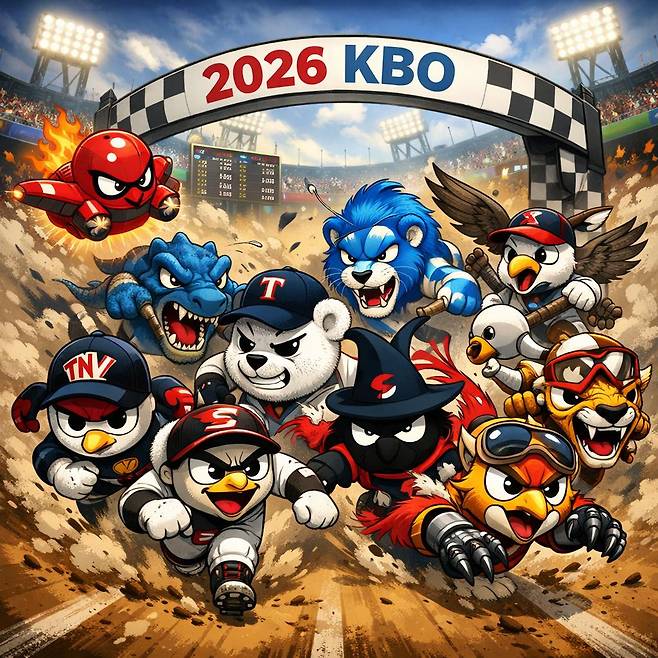 2026시즌 인공지능(AI)이 KBO 리그 10개 구단 상징을 활용, 치열한 순위 싸움을 그래픽으로 표현했다. /그래픽=인공지능(AI) 생성형 이미지