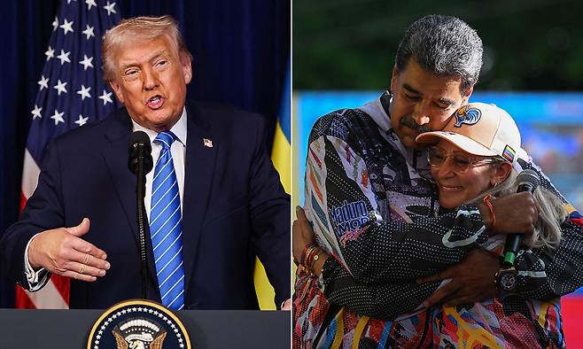 도널드 트럼프 미국 대통령(왼쪽), 니콜라스 마두로 베네수엘라 대통령이 그의 부인을 안고 있는 모습. AFP연합뉴스