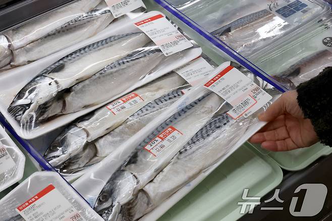 4일 서울 중구의 대형마트를 찾은 시민이 매대에 진열된 국내산과 노르웨이산 고등어를 살펴보고 있다. 2026.1.4/뉴스1 ⓒ News1 이광호 기자