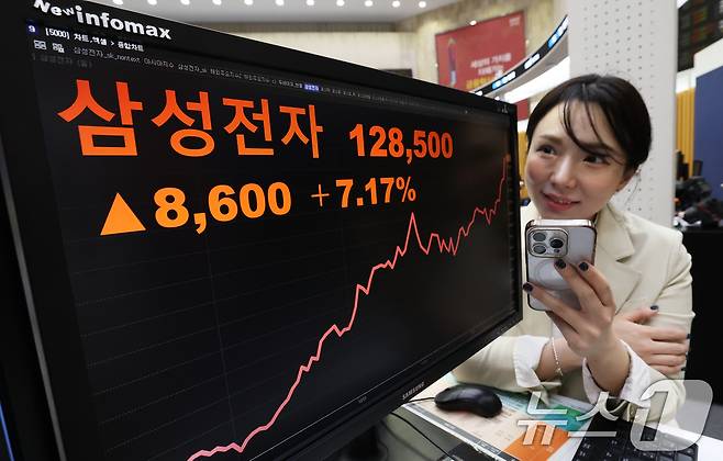 서울 여의도 한국거래소 모니터에 삼성전자 주가가 표시되고 있다. 2026.1.2/뉴스1 ⓒ News1 오대일 기자