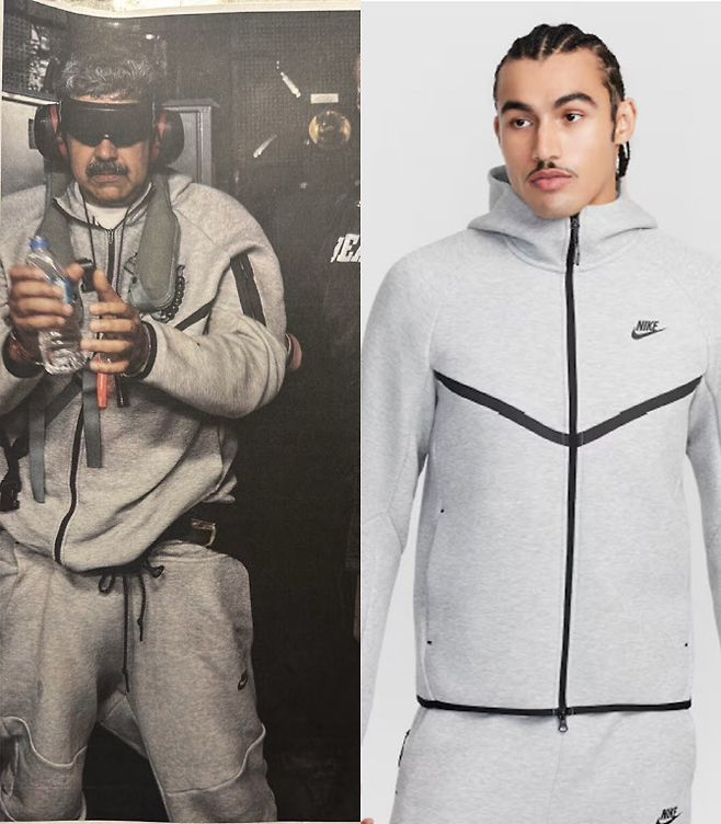 트럼프 대통령이 공개한 마두로 베네수엘라 대통령의 압송 당시 사진과 나이키 트레이닝복 [트루스소셜, 나이키코리아 홈페이지 캡처]