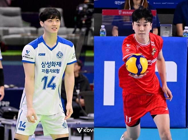 삼성화재 이우진(왼쪽)과 한국전력 방강호. 한국배구연맹(KOVO) 제공