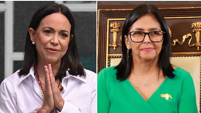 미국의 군사작전을 공개적으로 지지했지만 트럼프의 선택을 받지 못한 베네수엘라의 야권 지도자 마리아 코리아 마차도(왼쪽)와, 차베스와 마두로 밑에서 큰 골수 사회주의자인 델리 로드리게스 임시 대통령. 트럼프는 기존 권력 기반의 지지를 받는 로드리게스가 단기적 안정을 이루는 데는 유리하다고 판단해, 그를 미국의 파트너로 선택했다./AFP·신화 연합뉴스