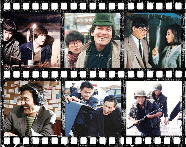 왼쪽 위부터 시계방향으로 영화 ‘바람 불어 좋은 날’ ‘고래사냥’ ‘기쁜 우리 젊은날’ ‘하얀전쟁’ ‘투캅스’ ‘라디오 스타’에 출연한 그의 모습. 한국영상자료원 KMDb 제공