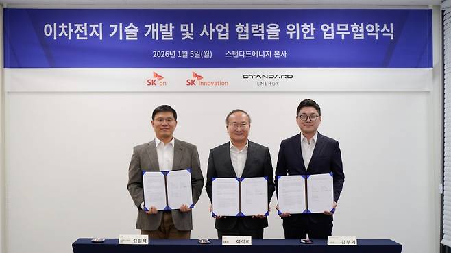 5일 대전광역시 스탠다드에너지 본사에서 스탠다드에너지와 SK온, SK이노베이션이 '이차전지 기술 개발 및 사업 협력을 위한 업무협약'을 체결했다. 사진 왼쪽부터 김필석 SK이노베이션 환경과학기술원장, 이석희 SK온 대표, 김부기 스탠다드에너지 대표./사진제공=스탠다드에너지