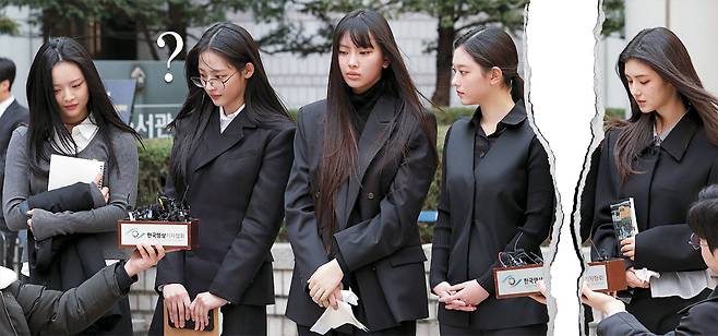 걸그룹 뉴진스(왼쪽부터 하니, 민지, 혜인, 해린, 다니엘)는 지난해 3월 서울중앙지법에서 열린 전속계약 유효확인 소송 첫 변론기일에 참석해 입장을 밝혔다. 이 중 다니엘은 소속사 어도어와 전속계약이 해지됐다.   그래픽=송재우 기자, 뉴시스