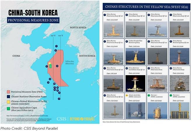 미국 싱크탱크 국제전략문제연구소가 공개한 중국의 서해 구조물 사진. CSIS 제공