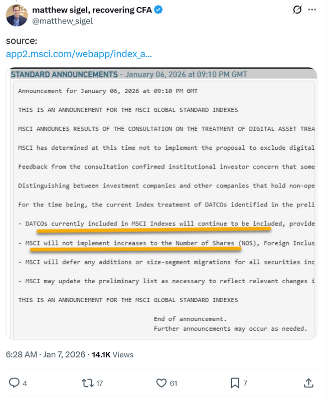 매튜 시겔 반에크 디지털자산 리서치 총괄이 6일(현지시간) 소셜미디어에 공유한 MSCI 공식 발표문. ‘현재 MSCI 지수에 포함된 디지털 자산 트레저리 기업(DATCOs)은 계속 포함된다’는 문구(첫 번째 밑줄)가 명시돼 있다. 다만 MSCI 측은 당분간 해당 기업들의 주식 수(NOS) 증가는 지수에 반영하지 않겠다(두 번째 밑줄)는 단서 조항을 달았다. [출처=엑스(X)]