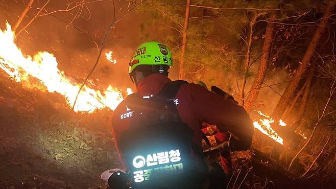강원 인제군 기린면 한 야산에서 산림 당국이 산불을 끄고 있다. [산림청 제공]