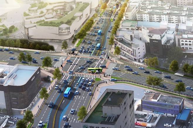 전북 전주시가 기린대로에 구축 중인 간선급행버스체계(BRT) 종합운동장 네거리 사업 구간 조감도.&nbsp; &nbsp;전주시 제공