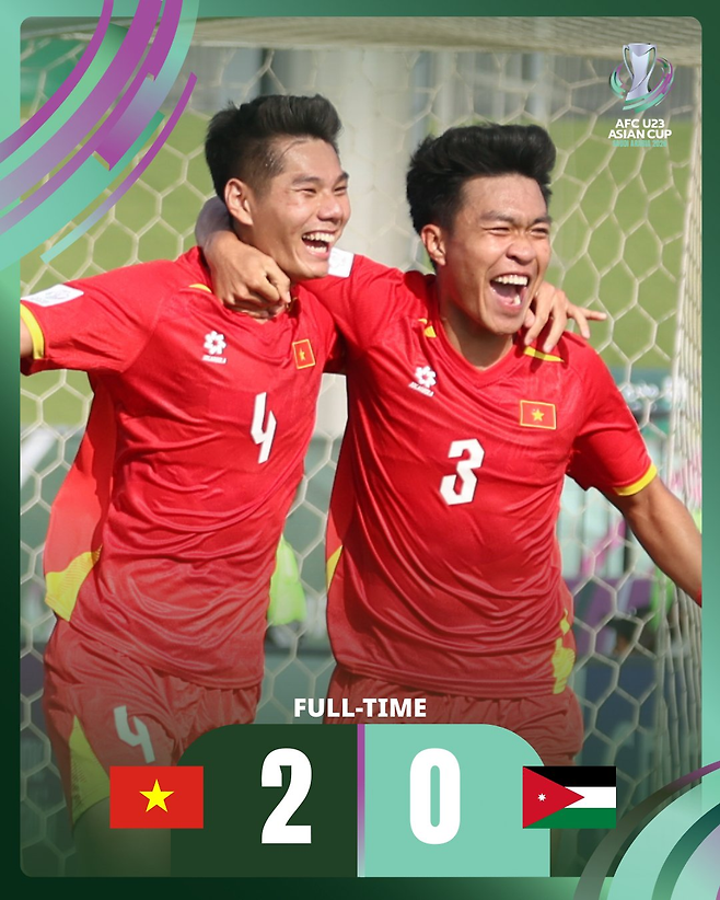 베트남이 U-23 아시안컵 첫판에서 강호 요르단을 2-0으로 물리쳤다. AFC SNS