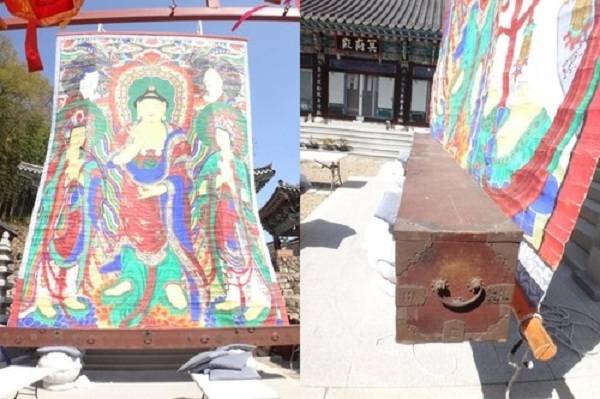 경남도 등록문화유산으로 지정된 진주 호국사 괘불도와 괘불함. / 경남도