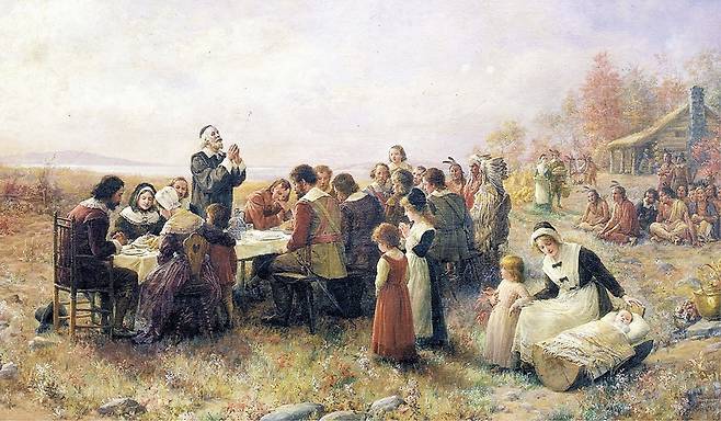 필그림 홀 박물관화가 제니 오거스타 브라운스컴이 1914년에 그린 ‘플리머스에서 첫 번째 추수감사절’. 1621년 매사추세츠 플리머스 식민지에서 열린 첫 번째 추수감사절 장면을 묘사했다.