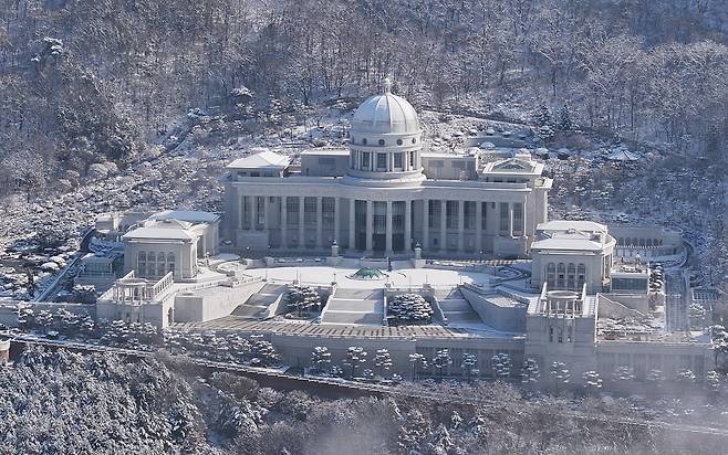 The Unification Church’s main compound, Cheon Jeong Gung, in Gapyeong County, Gyeonggi, is seen on Dec. 15, 2025. [NEWS1]