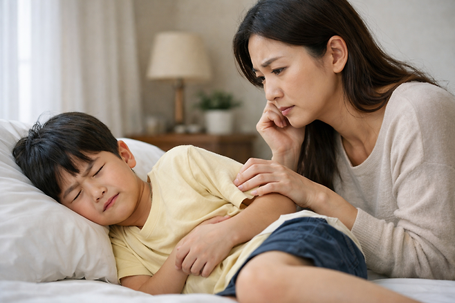 아이가 복통을 호소하며 침대에 누워있고 엄마가 걱정하는 모습을 키워드로 생성AI가 그린 이미지. [챗GPT]