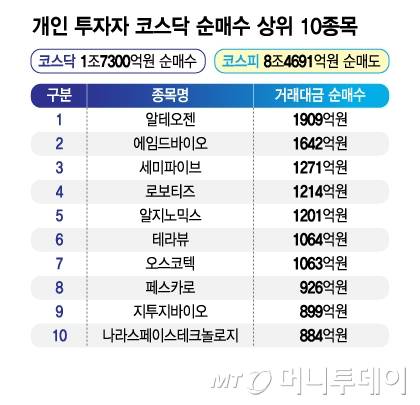 개인 투자자 코스닥 순매수 상위 10종목/그래픽=김지영