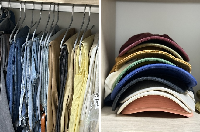 Clothes and caps are neatly organized by the cleaning service Jeong irregulary uses. She says that the help of experts gives her time to really rest and invest that time into something else. (Jeong)