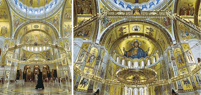 (좌)현존하는 교회 중 가장 넓은 기도 공간을 갖춘 성 사바 대성당의 내부 높이는 65m에 달한다. (우)금빛 돔 벽화의 모자이크 가운데 가장 눈에 띄는 것은 축복을 내리는 예수 그리스도의 모습이다.