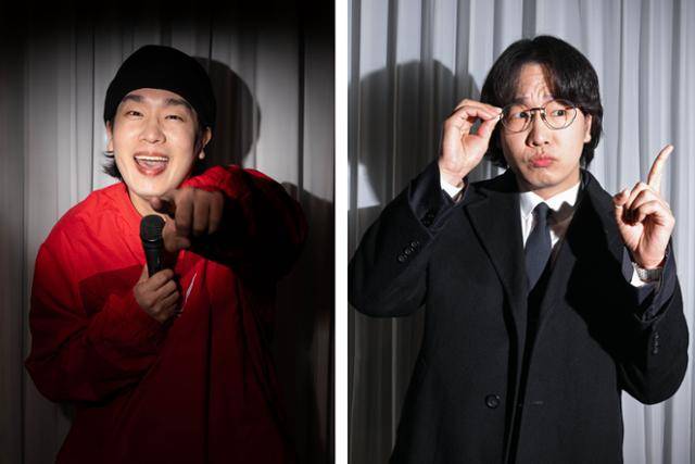 지난해 12월 26일 서울 성동구 성수동의 한 펍에서 교사 스탠드업 코미디언 '허니디'가 본보 취재에 응하고 있다. 허니디씨가 출근복 차림을 하고 있다(오른쪽 사진). 최주연 기자