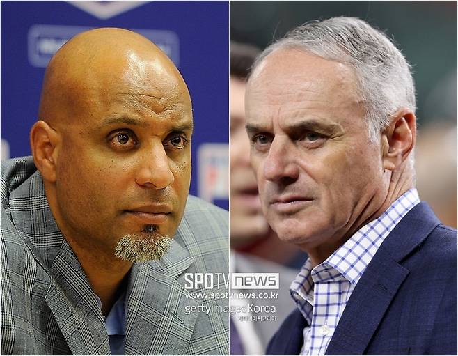 ▲ 토니 클락 메이저리그 선수노조위원장(왼쪽)과 롭 만프레드 메이저리그 커미셔너.