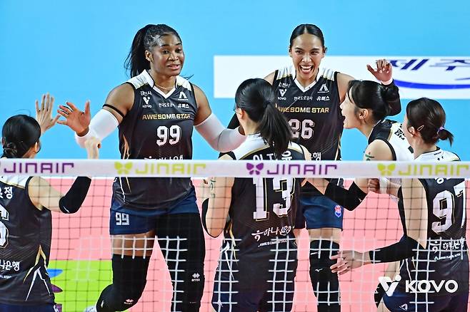 득점 후 기뻐하는 한국도로공사 선수들 [한국배구연맹 제공. 재판매 및 DB 금지]