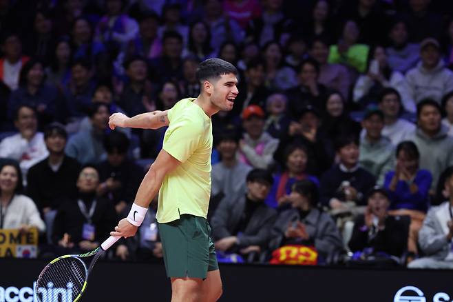 ▲ 10일 인천 인스파이어 아레나에서 열린 현대카드 슈퍼매치14에서 카를로스 알카라스 (Carlos Alcaraz Garfia)선수가 즐겁게 웃고 있다. /양진수기자 photosmith@incheonilbo.com