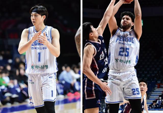 프로농구 대구 한국가스공사의 신주영(왼쪽)과 데니 보트라이트(오른쪽). KBL 제공.