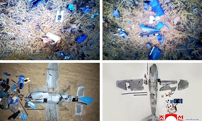 북한 조선인민군 총참모부 대변인은 지난 10일 조선중앙통신을 통해 지난해 9월과 지난 4일에 한국이 침투시킨 무인기를 격추했다고 주장하며 이에 대한 대가를 치르게 될 것이라고 위협했다. 사진은 북한이 주장한 추락된 한국 무인기 잔해들. 조선중앙통신 연합뉴스