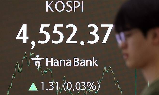8일 서울 중구 하나은행 딜링룸 현황판에 코스피 종가가 표시돼 있다. 연합뉴스