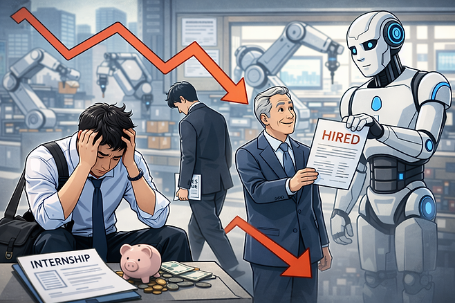 AI 도입이 청년의 인턴 기회를 빼앗고 더 나아가 정규직 일자리까지 위협할 수 있다는 전망이 나오고 있다. 기사 이해를 돕기 위한 AI 이미지. [챗GPT]