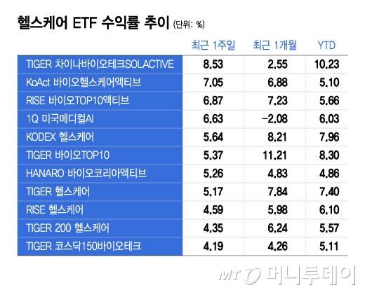 헬스케어 ETF 수익률 추이/그래픽=윤선정