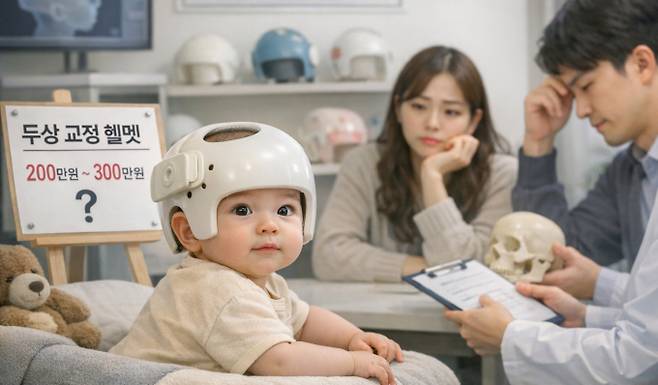 아기 머리 모양을 교정해 준다는 이른바 '두상 교정 헬멧'이 개당 200만~300만원에 달하는 고가임에도 빠르게 확산하고 있다. 사진은 기사 내용과 무관한 이미지. /사진=AI 생성 이미지