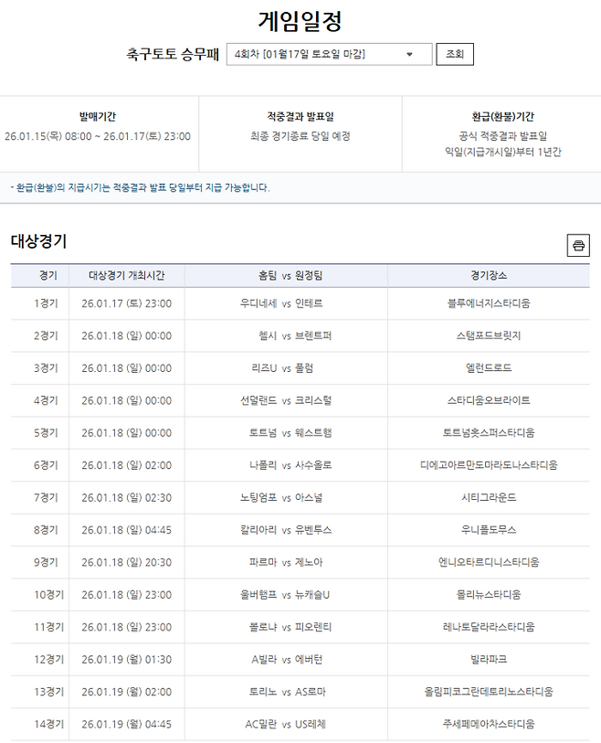 축구토토 승무패 4회차 대상경기. 사진 | 한국스포츠레저